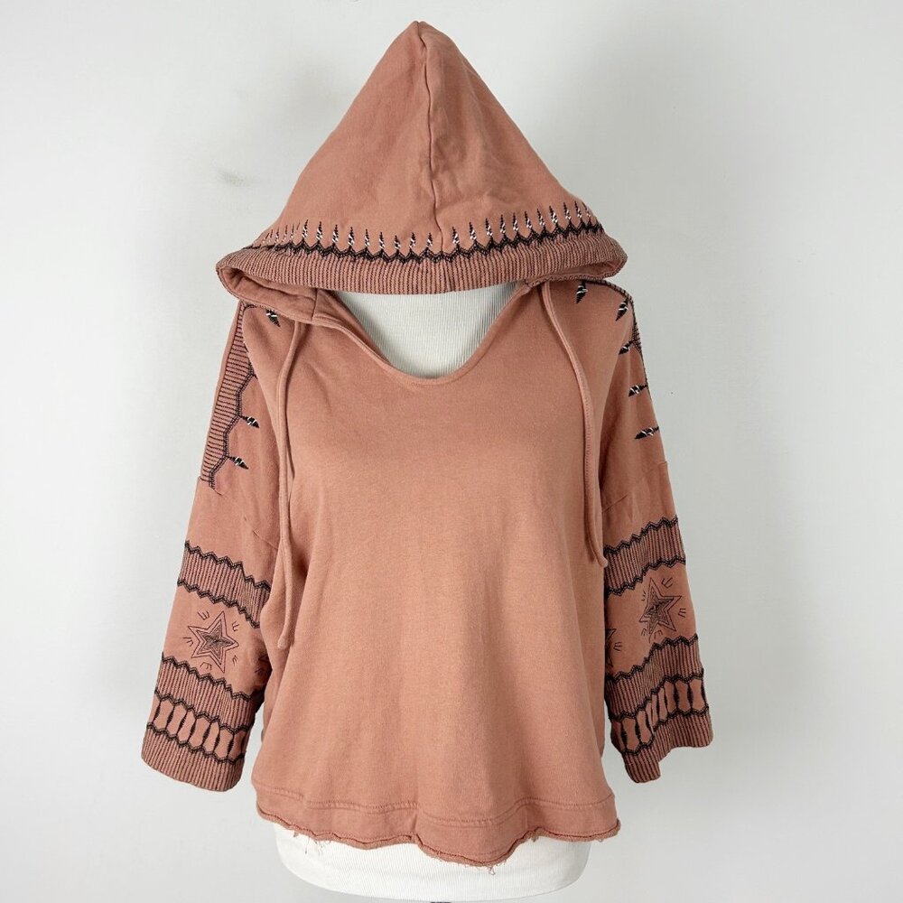 Easel Hooded Cropped Sweatshirt Embroidered Rust Brown Terry Lined Size Small Wo